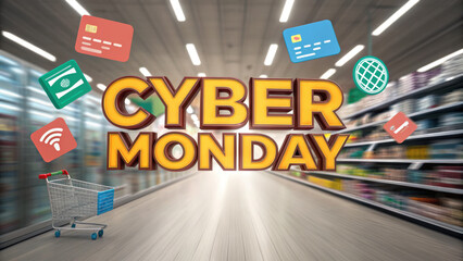 Cyber Monday shopping scene with vibrant text and shopping cart. Exciting promotions and digital payment icons create dynamic atmosphere