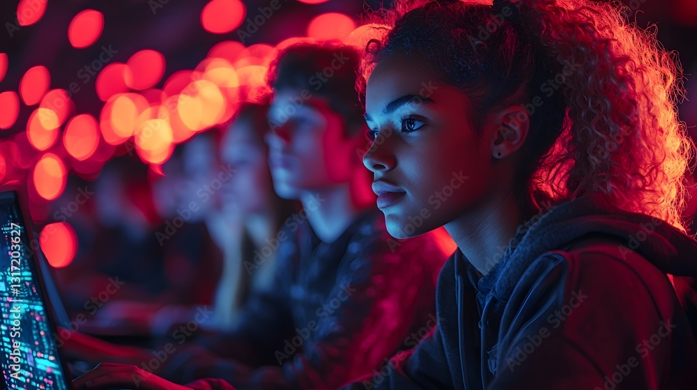 Poster vibrant glowing classroom with students practicing coding on laptops surrounded by skills icons