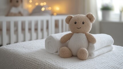 Knitted teddy, blankets, nursery, cozy room, baby
