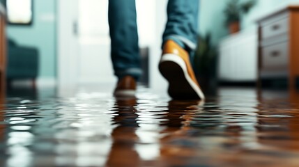 Fototapeta premium A person walks through a flooded room, reflecting water on the floor, highlighting the impact of water damage in a domestic setting.