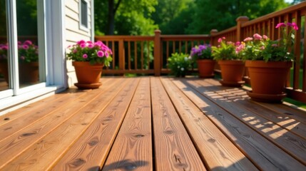 Fototapeta premium Sun-drenched Deck with Vibrant Pink Flowers in Terracotta Pots, Creating a Serene Outdoor Living Space