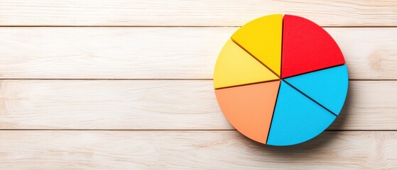 Fototapeta premium A colorful pie chart on a wooden surface, illustrating data distribution with vibrant segments in red, blue, yellow, orange, and light brown.