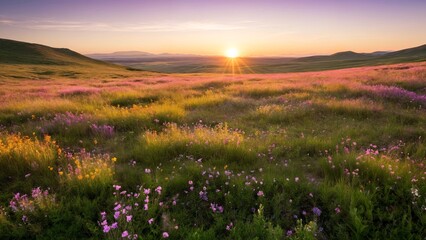 A field of wildflowers with the sun setting in the distance.