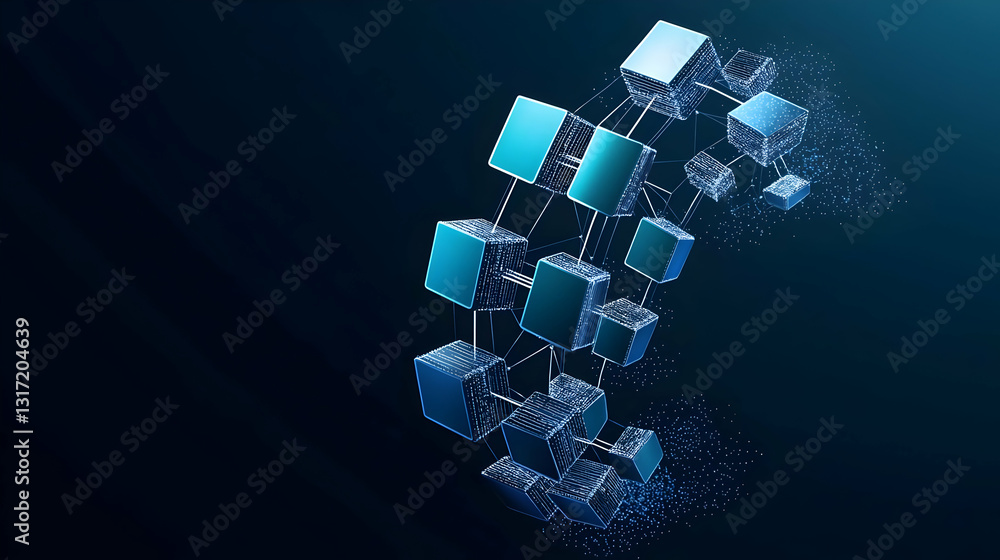 Poster abstract futuristic technology design with glowing blue cubes connected on a dark background with di