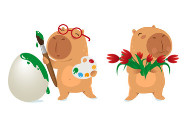 Cute capybara Easter set. Capybara with Easter eggs and spring flowers. Easter kawaii cartoon characters