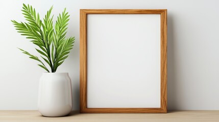 Wooden frame mockup with a white vase and green plant against a white wall. Minimalist home decor styled stock photo
