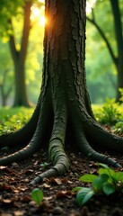 Roots slowly reveal sunlit bronze-toned tree trunk, leafy greens, forest, earthy