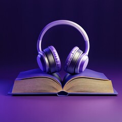 Open book with headphones, listening to audio books