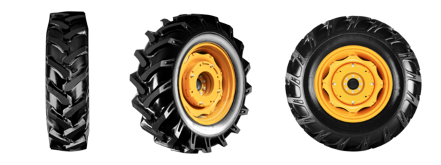  Agriculture tire , Tractor tire and wheels yellow color set photo  isolate on white background.