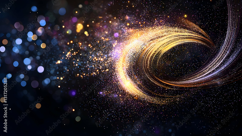 Poster abstract swirling golden light trail with sparkling glitter particles on dark background with colorf