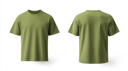 Olive green short sleeve t shirt mockup on white background, front and back views shown