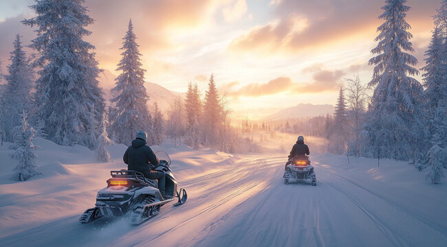 Two snowmobiles ride along a snowy path as the sun sets behind the mountains, illuminating the serene winter landscape - Powered by Adobe