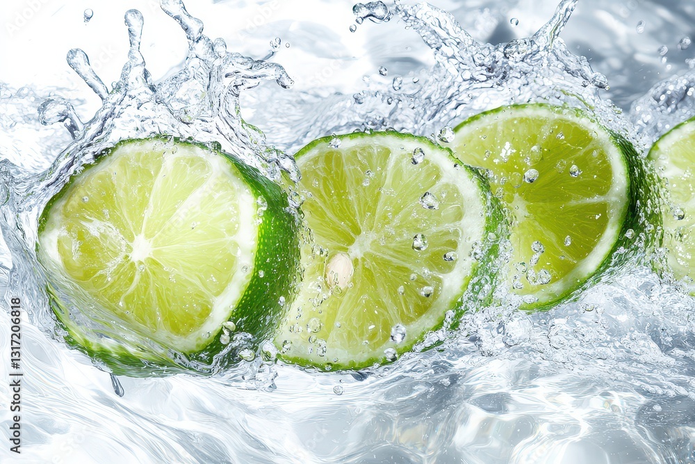 Aufkleber fresh lime slices splashing into clear water, creating dynamic ripples and droplets (1)