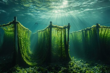 Beneath the surface, vibrant green seaweed grows in a farm, with sunlight filtering through water, creating a tranquil underwater landscape