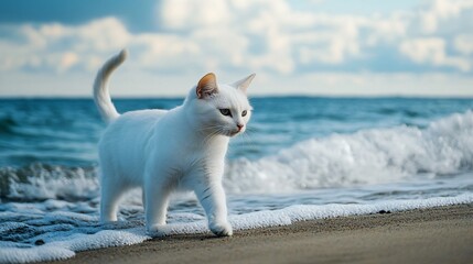 Professional Image of a Beautiful White Cat by the Sea