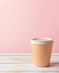 Minimalist Packaging Design A cup of coffee on a table surrounded by a soft pastel background featuring modern minimalist design for beverage enjoyment