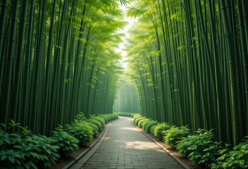 Fototapeta premium Serene Bamboo Forest Pathway Concept Lush Greenery Soft Sunlight - Tranquility Wellness Meditation Apps Wellness Retreat Marketing