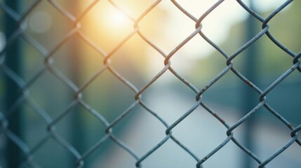 Fototapeta premium Close-up view of a chain link fence with a sunlit background, showcasing the intricate diamond pattern of the wire mesh.