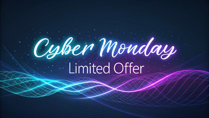 Cyber Monday limited offer with elegant calligraphy and vibrant colors, showcasing modern design with glowing waves and dark background