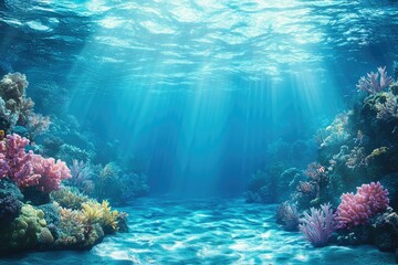 Fototapeta premium Sunbeams illuminate a vibrant underwater coral reef scene, showcasing diverse marine life and biodiversity.