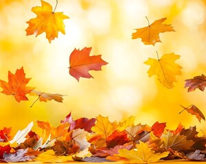 Golden yellow background adorned with colorful autumn leaves gently falling, symbolizing the changing of the seasons with a cozy and welcoming vibe.