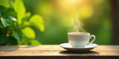 Fototapeta premium Aromatic Steam Rising from a Warm Mug on a Rustic Wooden Surface, Basking in the Soft Golden Light of a Sunny Day, Surrounded by Lush Greenery