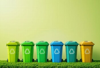 Colorful Modern Recycling Bins Concept Soft Green Background Environmental Awareness Educational Campaigns Promoting Recycling, Eco-Friendly Practices, Earth Day Initiatives