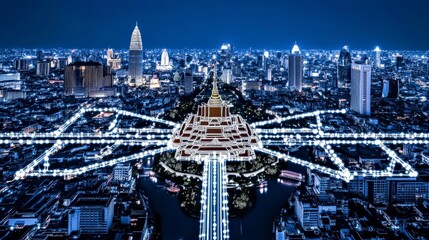 An intricate nighttime vista of Bangkok with glowing lines resembling a network, threading through a city bustling with architectural wonders.