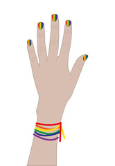 Hand with rainbow nails and multi-colored bracelet raised up