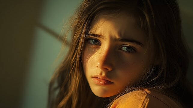 A teenage girl with a sad, worried expression and a blank stare at the camera