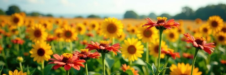 Obraz premium Vines of zinnia elegans flowers in the field with sunflowers and wildflowers, zinnia, flower