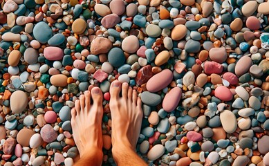 feet, barefoot, walking on colored stones on the beach, barefoot walking day.