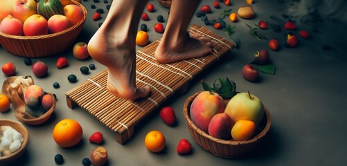 feet, barefoot, walking among the colorful nutritious fruits, barefoot walking day.