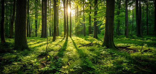 Obraz premium A lush green forest with sunlight gently filtering through the dense foliage of tall trees, creating a serene and natural ambiance.