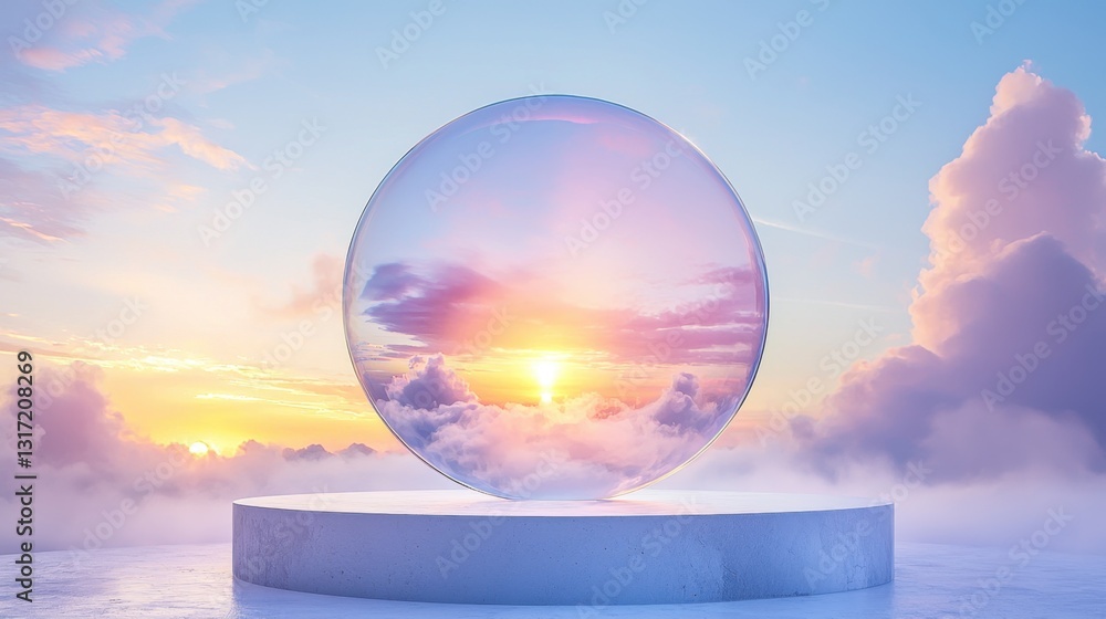 Poster a circular podium with a dreamy, colorful gradient background, creating a futuristic display space.