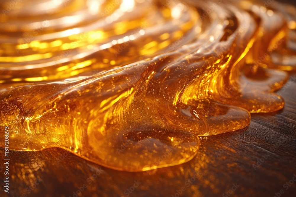 Aufkleber amber liquid flowing on a dark surface, creating abstract patterns and textures.