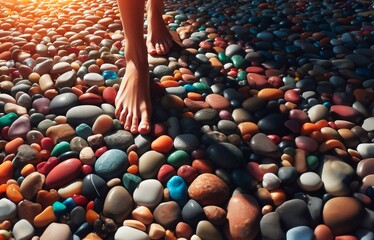 feet, barefoot, walking on colored stones on the beach, barefoot walking day.