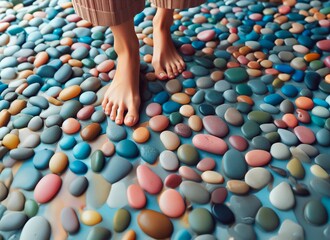 feet, barefoot, walking on colored stones on the beach, barefoot walking day.