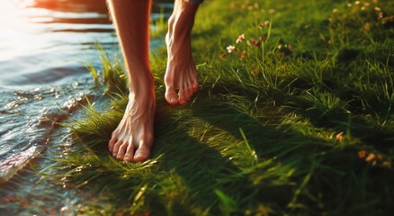 feet, barefoot, walking on the grass.