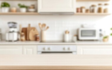 Wooden table top view with natural texture, perfect for product display or montage, set against a blurred modern kitchen interior background for a warm and inviting atmosphere.
