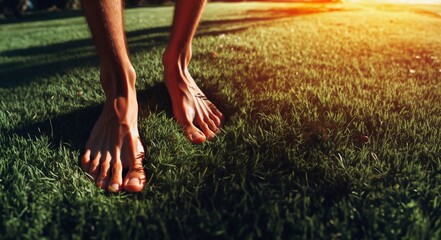 feet, barefoot, walking on the grass.
