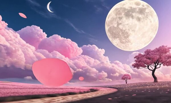 A surreal dreamland with pastel-colored clouds, a giant moon, and floating petals in the air.
