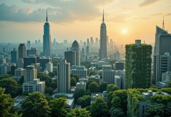 Obraz premium Modern City Skyline Sunset - Eco-Friendly Urban Development Concept Skyscrapers Greenery Real Estate Marketing Sustainable Living