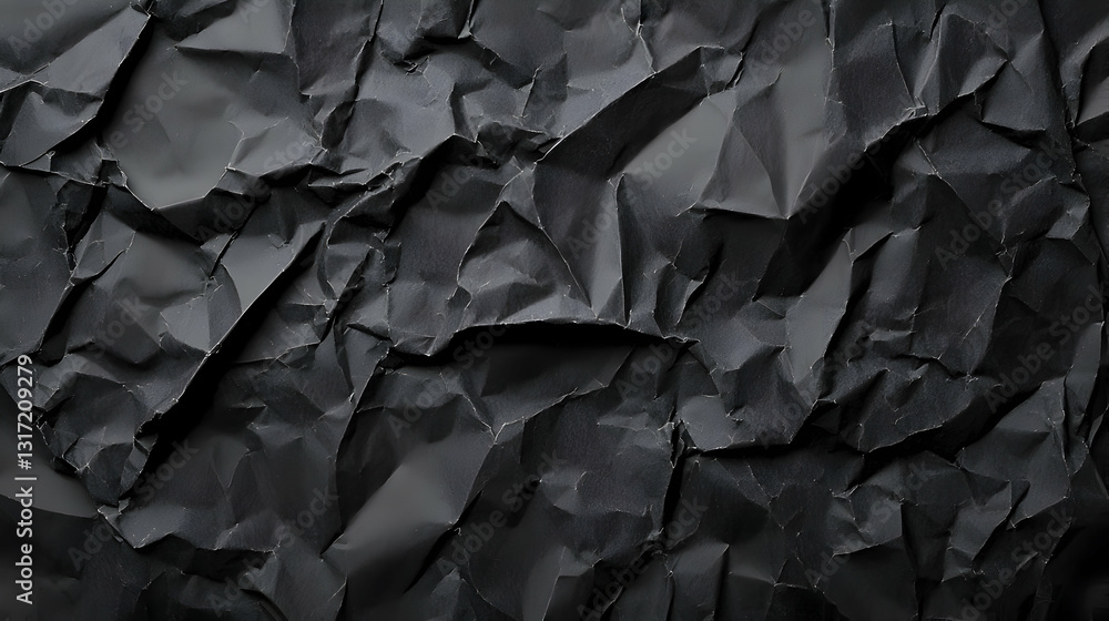 Poster dark crumpled black paper texture background with rough creased and wrinkled surface in abstract gru