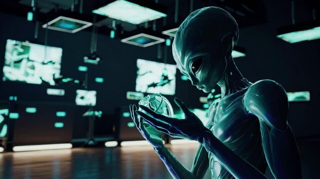 Mysterious alien figure interacts with glowing object in futuristic laboratory setting