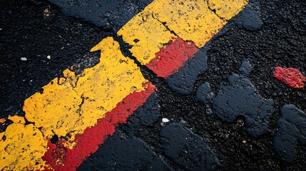 Professional image of a yellow painted line weathered with pours of red for urban backgrounds or abstract art designs