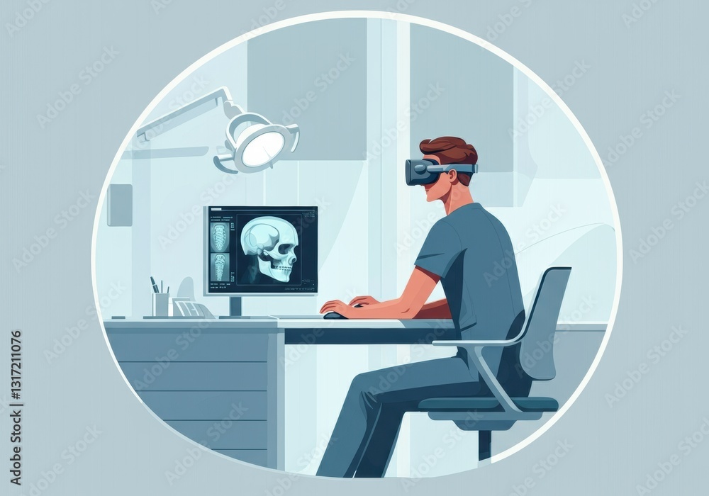 Poster man using virtual reality headset to analyze a 3d skull model