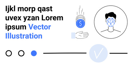 Currency symbols falling into a hand, biometric facial recognition outline of a person, and various vector design elements. Ideal for fintech, security, AI, biometrics, online verification, user