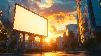 Billboard stands against bright orange sky, city buildings reflecting light during sunset