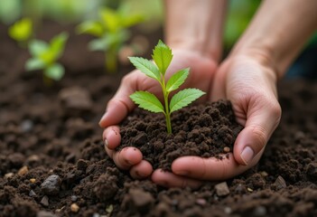 Close-Up Concept Hands Holding Soil Young Green Plant Blurred Green Background - Sustainability Growth Earth Day Campaigns